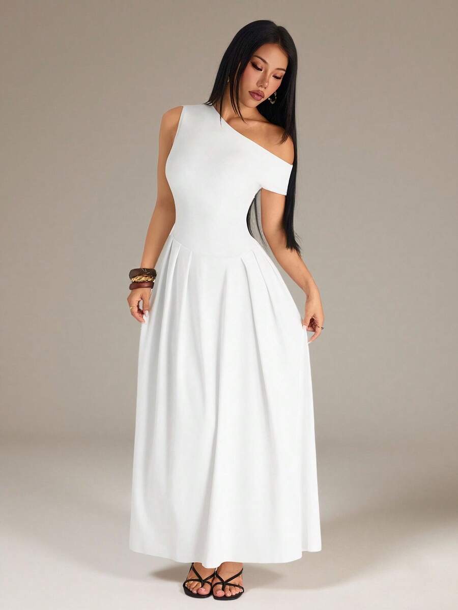SHEIN PETITE Women's Summer Elegant Solid Color Asymmetric Collar Long Dress Party Vacation Holiday White Wedding - White - View 1