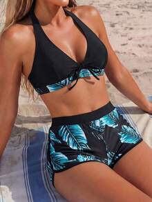SHEIN Swim Tropical Print Halter Bikini,Summer Beach - Mint Blue - View 4