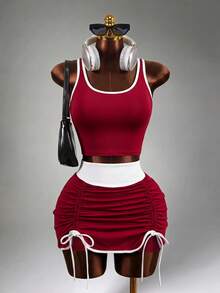 Mistrie Damen Farbblock-Saum Crop Top & Rock Sportset - Rot - Übersicht 5