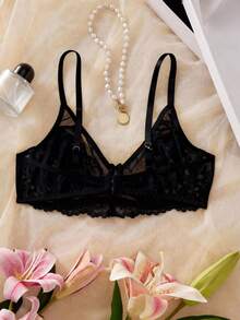 Crystal Vow Lace Patchwork Solid Color Underwire Push-Up Semi-Sheer Unlined Women's Bra - Black - View 2