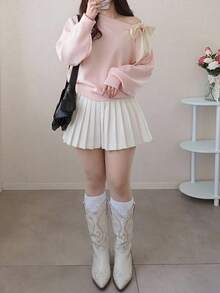 Dazy Plus Contrast Color Cold Shoulder Dropped Shoulder Long Sleeve Bow Tie Loose Casual Versatile Pullover Sweater Spring/Autumn New Arrival - Pink - View 5