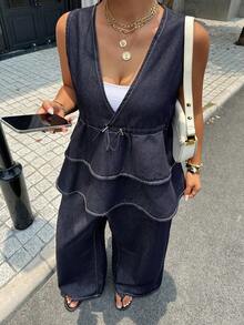 Dazy Plus Women's Sleeveless Tank Top Layered Ruffle Hem Elastic Waist Wide Leg Pants Denim Set Urban Casual Outerwear Spring Summer Date Night Navy Blue - Dark Wash - View 6