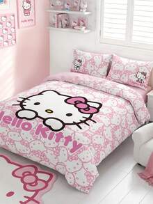 HELLO KITTY AND FRIENDS | SHEIN 3件組粉色完整版卡通圖案蝴蝶結裝飾被套組，卡通角色圖案，柔軟保暖材質，多尺寸適用單人床/雙人床/加大床/特大床，派對、節慶，可愛復古床上用品 - 淺粉色 - 查看 4