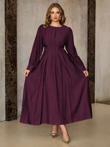 Roveilla Plus Size Women's Spring Autumn Winter French Elegant Luxury Minimalist High-End Design Casual Vacation Office Commute Old Money Style Comfortable Round Neck Gathered Waist Tie Waist Flared Hem Long Sleeve Long Dress - Red Violet - View 4