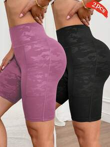 SHEIN Velisys 2件裝多口袋迷彩印花運動瑜伽短褲 - 彩色 - 查看 4