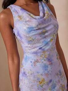 Enchnt Embroidered Cowl Neck Bodycon Dress, Romantic Elegant Summer Vacation Style Vacation Lavender - Purple - View 5