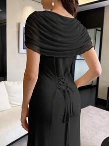 Modelyn Pale Yellow Mesh Ruched Back Tie Elegant French Style Wedding Dress For Women - Black - View 2