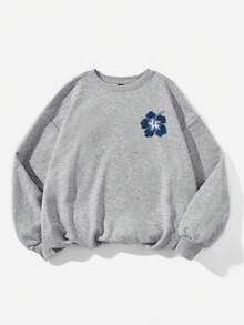 SHEIN EZwear 休閒極簡印花圓領長袖寬鬆女款運動衫，復古優雅通勤百搭保暖扶桑花印花運動衫，沙灘裝，度假裝，夏季 - 淺灰色 - 查看 3