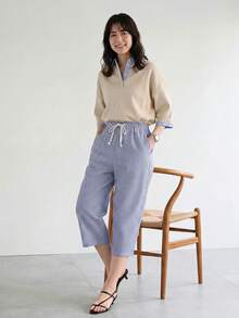 Yumoku 女款休閒條紋七分褲，極簡時尚休閒日常夏季穿搭，鄉村波希米亞風，休閒 - 藍白色 - 查看 2