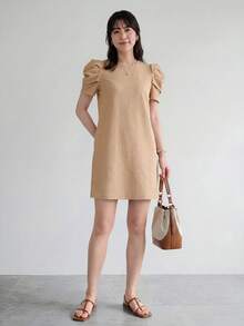 Yumoku Vestido túnica de color sólido con mangas abullonadas y ribete de volantes, casual - Caqui - Ver 4