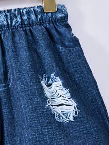 SHEIN 2件組小男孩趣味可愛印花上衣與水洗短褲，圖案風格活潑有趣，丹寧水洗工藝精緻，時尚優雅，適合4-7歲兒童日常休閒穿著 - 卡其色 - 查看 5