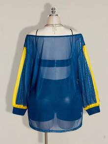 SHEIN ICON 大尺碼 Y2K 鄉村牛仔 90 年代復古龐克印花透視網紗寬開衩迷你洋裝，黃色與海軍藍，秋季度假外出演唱會穿搭 - 藍色 - 查看 2