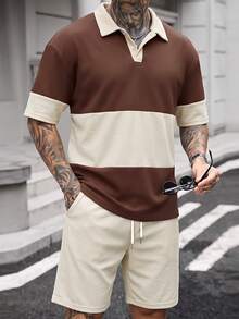 Manfinity CasualCool Conjunto de polo y pantalones cortos con bloques de color y patchwork para hombre - Multicolor - Ver 3