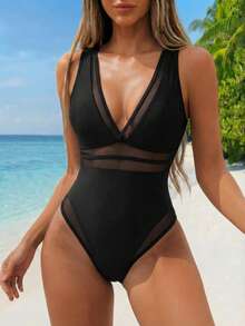 SHEIN Swim Summer Beach Mesh Panel One Piece Swimsuit - Black - View 1