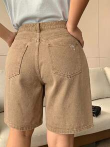Dazy Plus Dark Wash Blue Back Pocket Bow Embroidery Straight Leg Knee-Length Denim Shorts Spring/Summer - Khaki - View 6