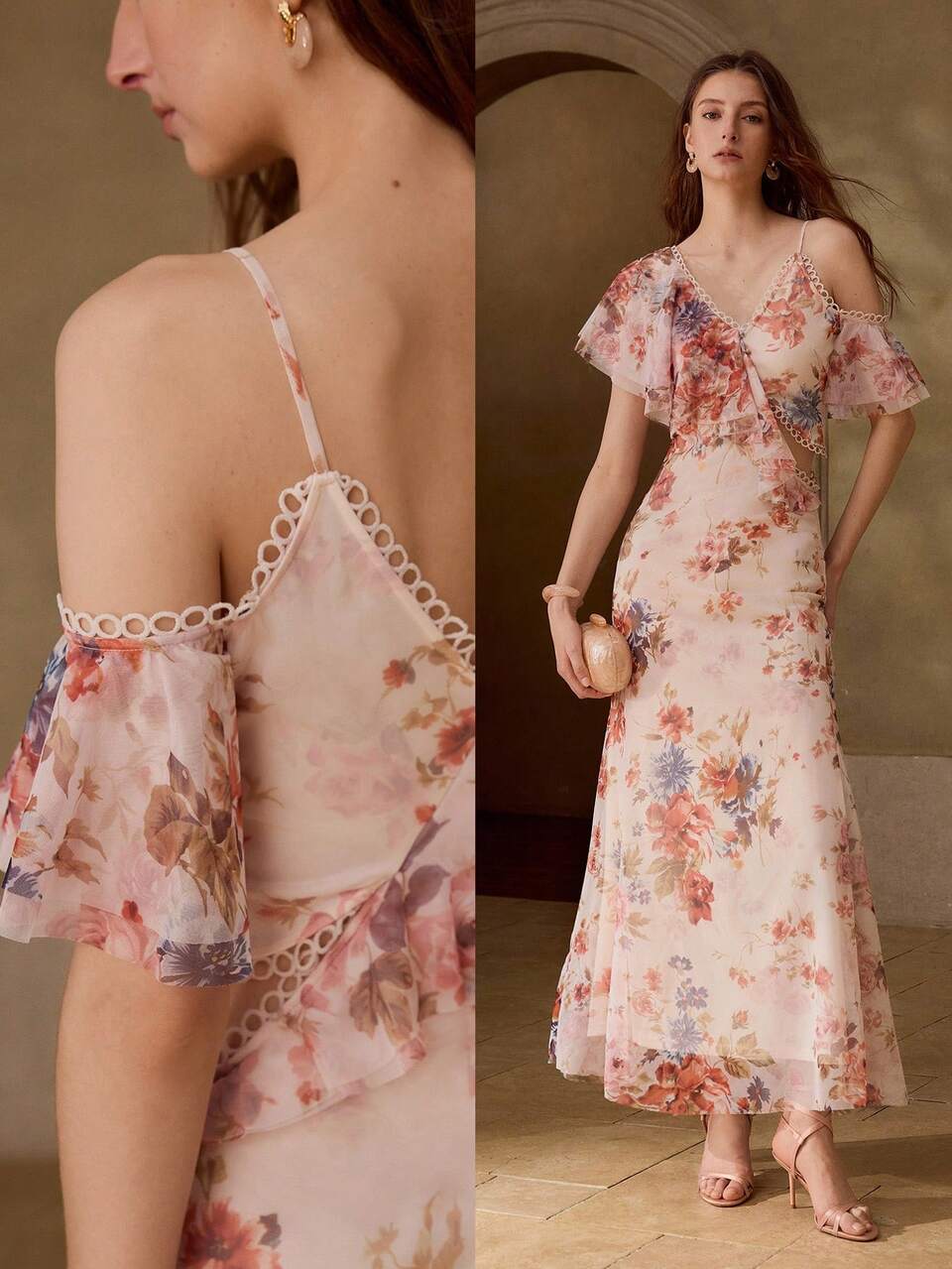 MOTF SPRING/SUMMER WOMEN'S MESH PRINTED ASYMMETRIC NECKLINE WAIST BUTTON-UP DESIGN ETHEREAL ROMANTIC LONG DRESS