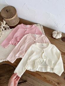 SHEIN 3pcs/Set Baby Girl Casual Ruffle Long Sleeve Cardigan, Suitable For Spring And Autumn Outings - Multicolor - View 4
