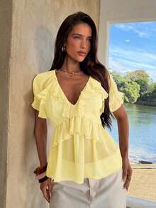 Aloruh Blusa bohemia de unicolor con volantes para mujer - Amarillo - Ver 6