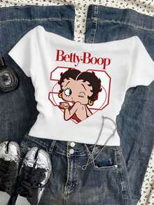 Attitoon Betty Boop x SHEIN 女款休閒抓皺腰方領 Betty 聯名修身短袖 T 恤，適合夏季，時尚 Y2K 風格 - 白色 - 查看 6