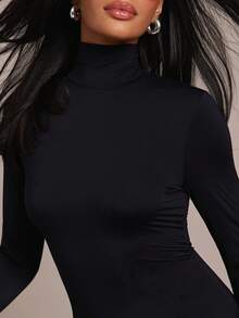 Hauture Women's Solid Color High Neck Long Sleeve Slim Fit Side Slit Hem Dress, Perfect For Summer Vacation, Traveling, Office, Holiday Party - Black - View 5