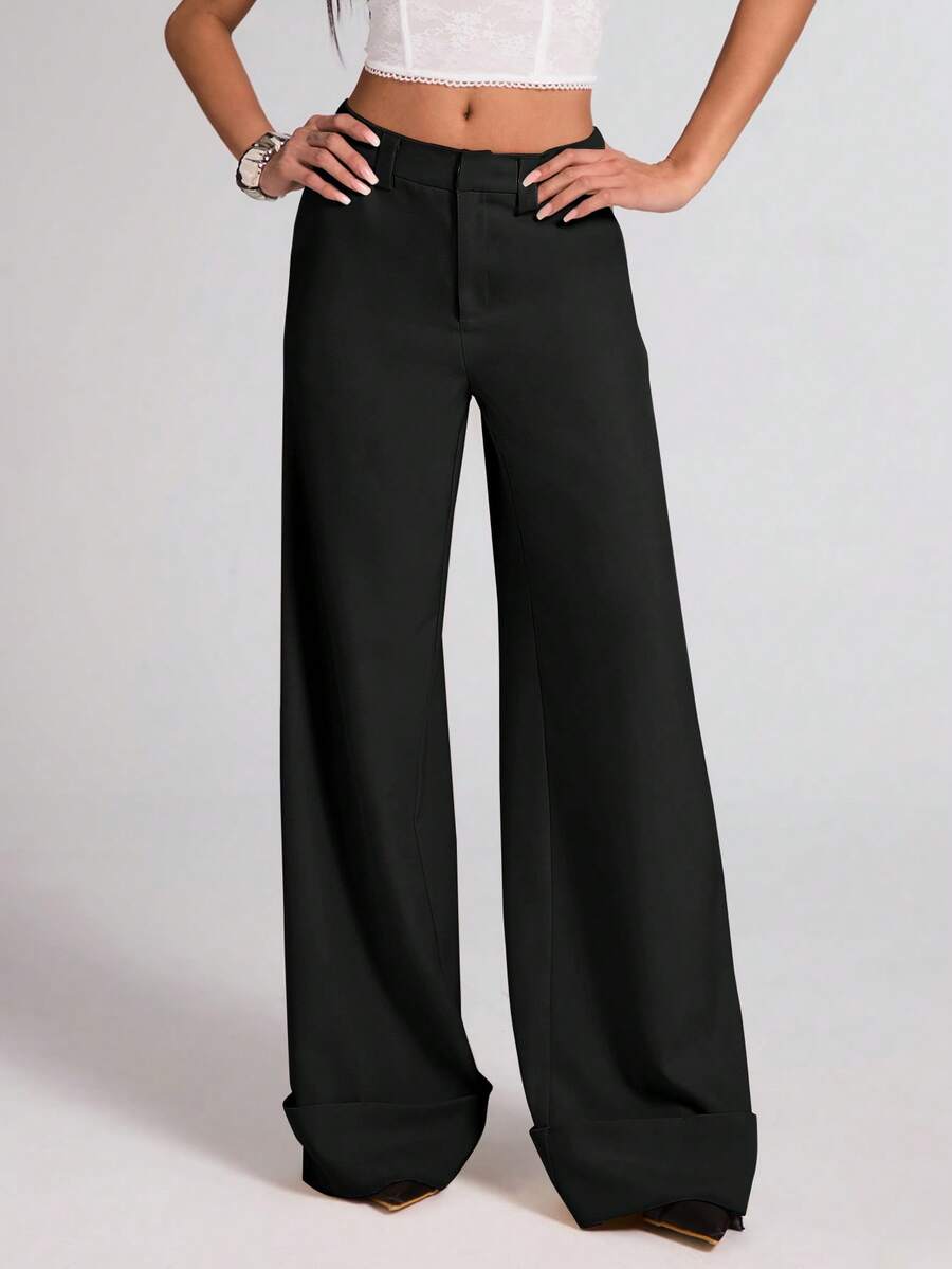 SHEIN LUNE Plus Size Casual Versatile Commute Wide Leg Pants Fall - Black - View 1