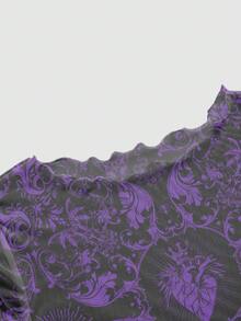 ROMWE Goth 恐怖暗黑辣妹風網紗透視骷髏愛心植物藤蔓女款上衣 - 紫色 - 查看 3