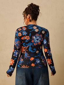 Travachic Autumn New Plus Size Women's Fitted Printed Top, Suitable For Vacation/Casual Wear In Various Relaxing Occasions Fall - Multicolor - View 2