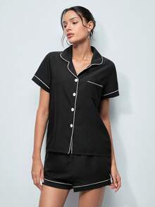 Softvol 2pcs Women Summer Sleepwear Set - Short Sleeve Top & Shorts, Casual Loose Comfy Basic Home & Casual Wear - Black - View 3