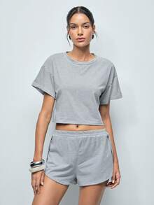 Softvol Set de 2 piezas compuesto por top holgado de punto a rayas con abertura lateral y shorts, conjunto informal de ropa de estar en casa - Negro - Ver 3