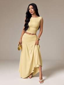 SHEIN PETITE Conjunto de 2 piezas de top de cuello redondo plisado y falda de unicolor casual para uso diario para mujer - Amarillo - Ver 3