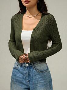 SHEIN PETITE Women's Solid Color Minimalist Casual Long Sleeve Cardigan Cute Sweater Short Knit Top Autumn/Winter Clothing Army Green Dress Travel Going Out - Army Green - View 1