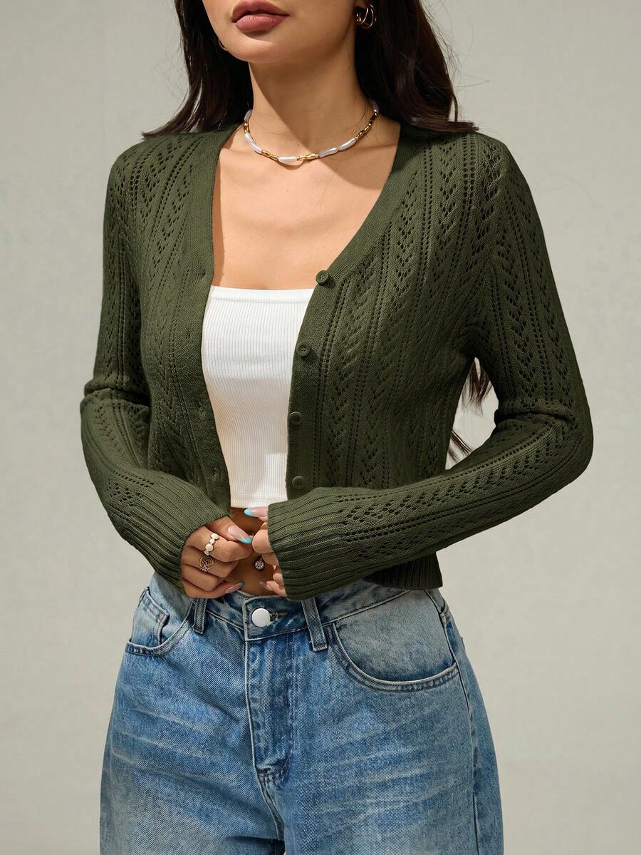 SHEIN PETITE Women's Solid Color Minimalist Casual Long Sleeve Cardigan Cute Sweater Short Knit Top Autumn/Winter Clothing Army Green Dress Travel Going Out - Army Green - View 1