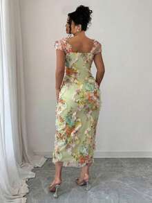 Elenzga Plus Size Women's Elegant Romantic Random Floral Print Ruched Waist Midi Dress, Suitable For Wedding, Party, Date And Other Occasions In Spring/Summer - Green - View 2