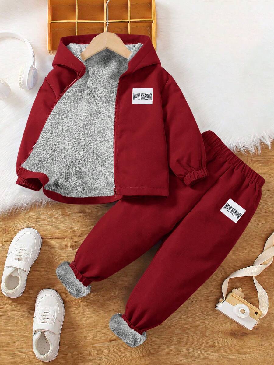 SHEIN 2件組兒童青少年藍色冬季外套與棕色保暖毛絨內裡長褲,梭織兩件套,適合通勤穿著 - 酒紅色 - 查看 1