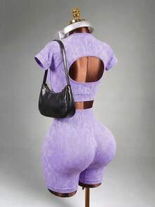 Mistrie Seamless Leopard Print Backless Sleeveless T-Shirt And Shorts Sports Suit For Women - Purple - View 5