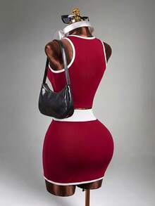 Mistrie Damen Farbblock-Saum Crop Top & Rock Sportset - Rot - Übersicht 3