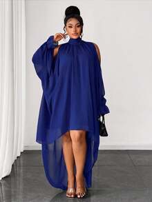 Maweii Vestido elegante de talla grande de unicolor con cuello alto, hombros descubiertos, corto por delante y largo por detrás para otoño - azul real - Ver 6