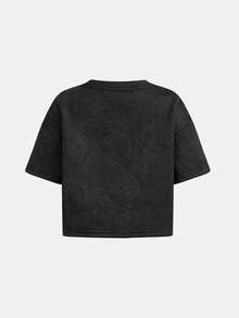 SHEIN 女童休閒日常時尚水洗布料深灰色圓領短袖短版上衣與直筒長褲套裝 - 深灰色 - 查看 6
