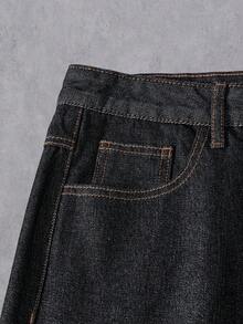 Manfinity Denimwave 男士街頭風 Grunge Y2K 哥德休閒做舊刺繡黑粉配色寬腿牛仔褲，適合演唱會、度假、海灘、假期、Rave、秋季 - 黑色 - 查看 9