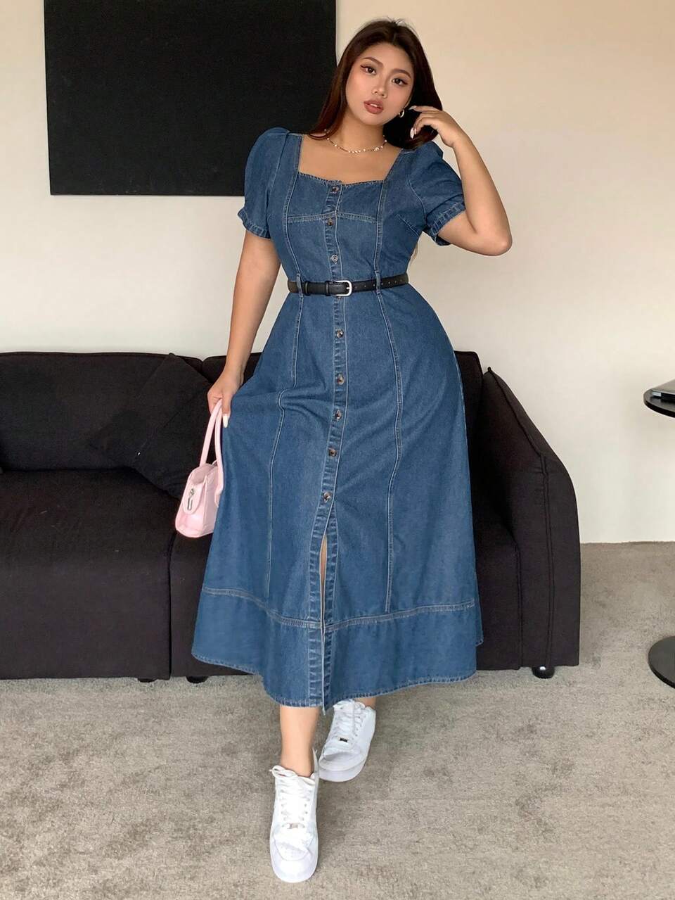 Dazy Petite Curve Dark Wash Blue Square Neck Puff Sleeve Cinched Waist Fitted Long Denim Dress Spring Summer Plus Size Petite Women's Dress
