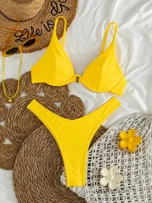 SHEIN Swim 夏季海灘有鋼圈高腰比基尼套裝 - 芥末黃 - 查看 1