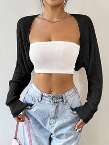 SHEIN EZwear 1pc Shrug Lightweight Sheer Cardigan,Long Sleeve Tops,Knitted Sweater In Summer/ Everyday Black Sexy - Black - View 1