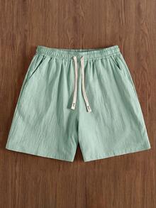 Manfinity Hypemode Men's Solid Color Cotton Elastic Waist Drawstring Loose Casual Linen Shorts For Men Beach Vacation Green Shorts Summer Drawstring Shorts - Mint Green - View 1