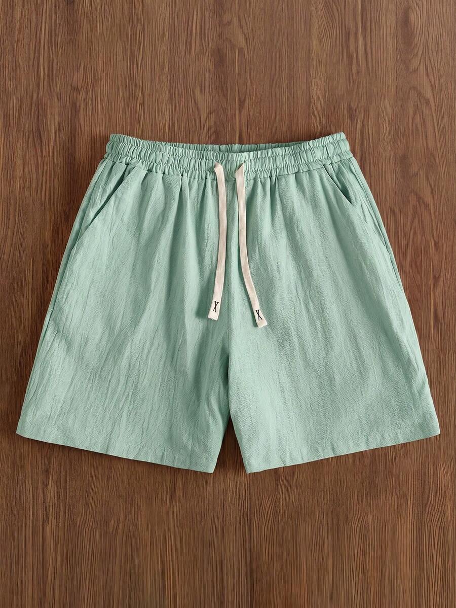 Manfinity Hypemode Men's Solid Color Cotton Elastic Waist Drawstring Loose Casual Linen Shorts For Men Beach Vacation Green Shorts Summer Drawstring Shorts - Mint Green - View 1