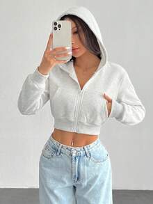 SHEIN PETITE 女款純色前拉鍊長袖口袋極簡連帽夾克 - 淺灰色 - 查看 3