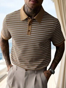 Manfinity Homme 男士對比領紋理針織條紋 Polo 衫，復古休閒短袖街頭上衣 - 彩色 - 查看 6