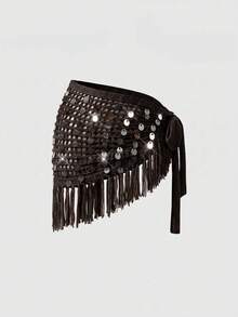 ROMWE Avant Spring Summer Shiny Sequin Asymmetric Hem Tassel Women's Sweater Skirt Side Tie Sexy Boho Crochet Beach Vacation Dark Grey - Brown - View 3