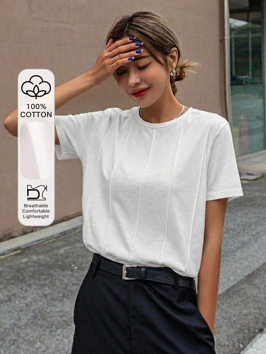 DAZY 夏季拼接白色打底上衣休閒基礎款寬鬆度假短袖女款T恤日常上學穿搭 - 白色 - 查看 1