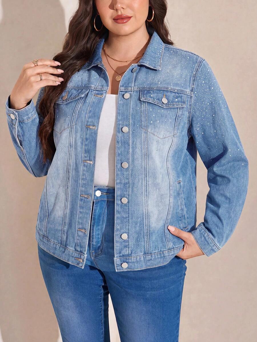 SHEIN LUNE Plus Size Women's Rhinestone Long Sleeve Single-Breasted Casual Denim Jacket - Blue - View 1