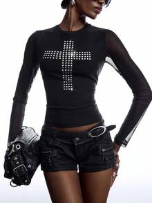 LYSMO Camiseta de moda para mujer con patrón de cruz, cuello redondo y manga larga, blusa casual para otoño, ropa atractiva y sexy, top elegante para salir - Negro - Ver 1